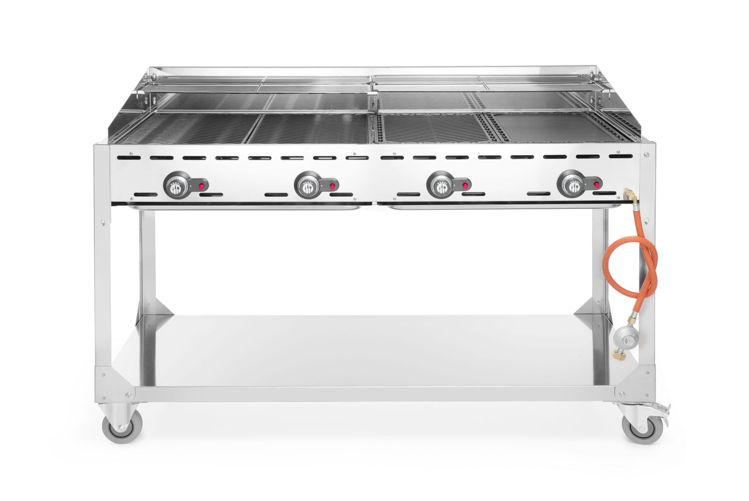 Plynový gril Green Fire 4 hořáky, HENDI, Profi Line, na kolové základně, Světle šedá, 22kW, 1400x612x(H)825mm