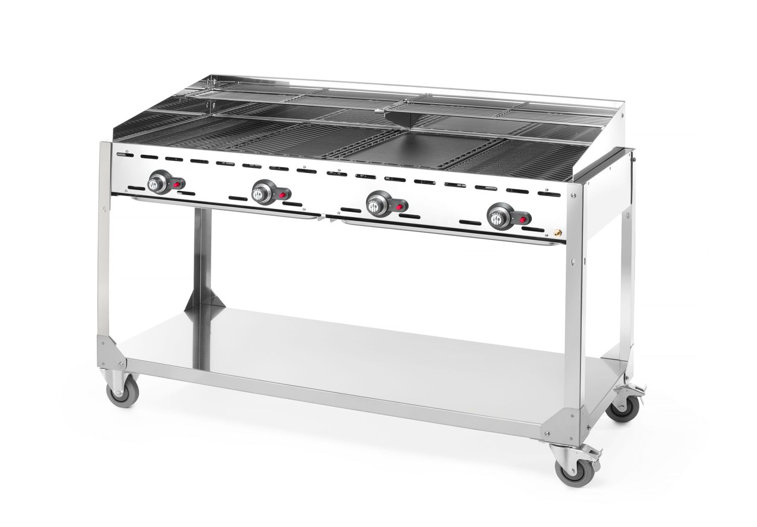 Plynový gril Green Fire 4 hořáky, HENDI, Profi Line, na kolové základně, Světle šedá, 22kW, 1400x612x(H)825mm