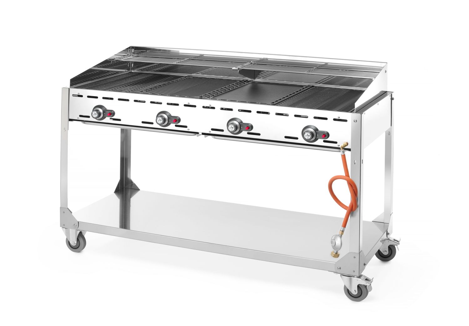 Plynový gril Green Fire 4 hořáky, HENDI, Profi Line, na kolové základně, Světle šedá, 22kW, 1400x612x(H)825mm