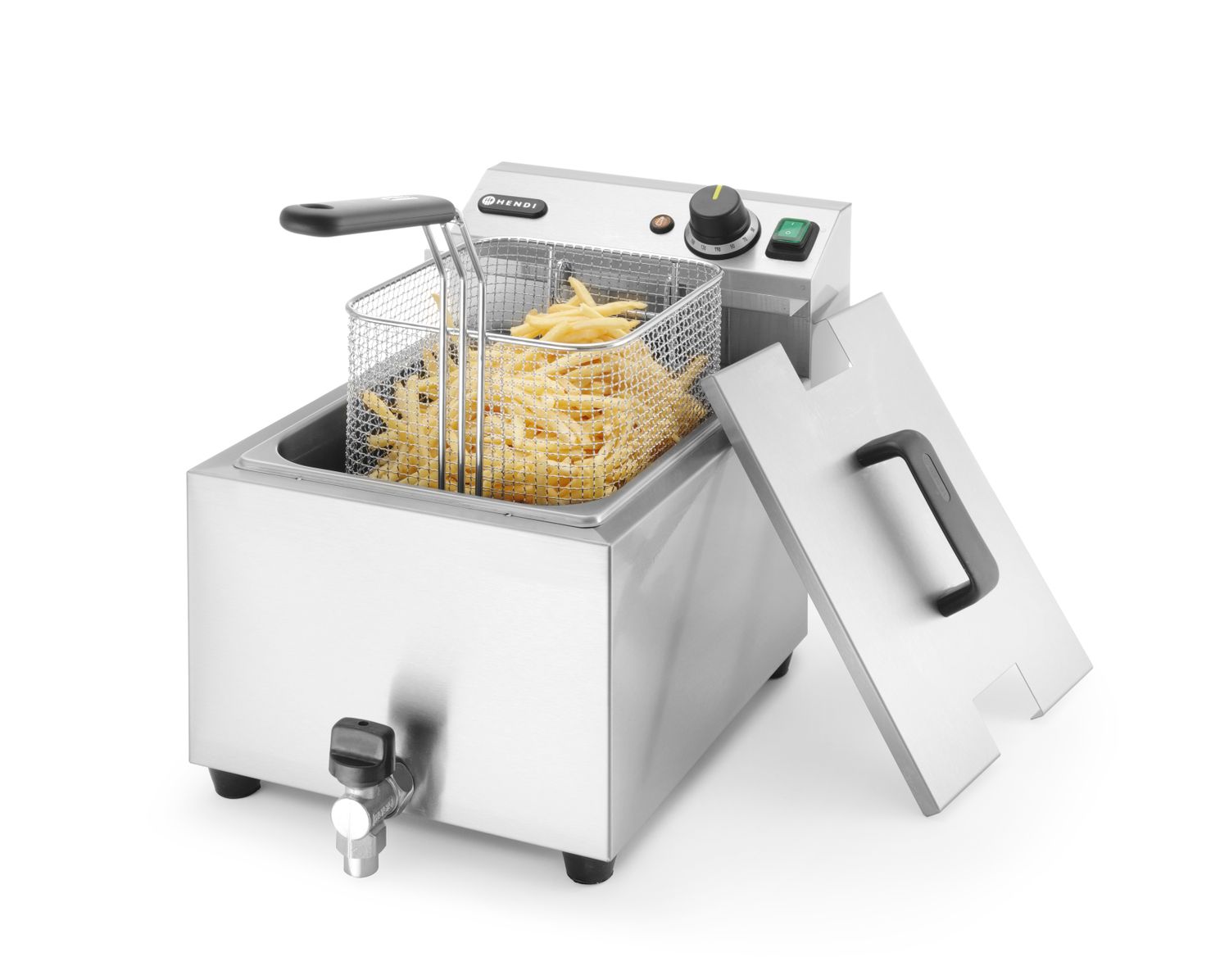 HENDI | Fritéza s výpustí, objem 8 litrů, Profi Line, Světle šedá, 230V/3500W, 305x515x(H)354mm