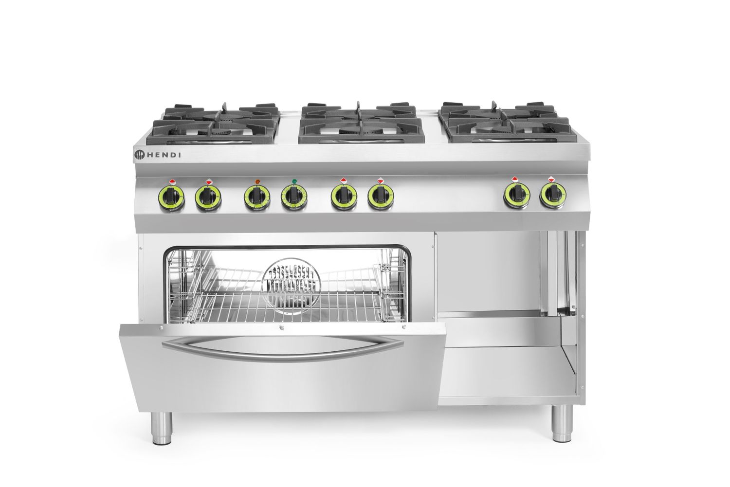Plynový sporák Kitchen Line - 6 hořáků s konvektomatem GN 1/1, HENDI, Kitchen Line, 230V/3000W, 28,5kW, 1200x722x(H)900mm