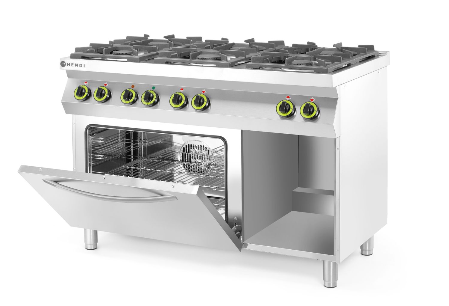 Plynový sporák Kitchen Line - 6 hořáků s konvektomatem GN 1/1, HENDI, Kitchen Line, 230V/3000W, 28,5kW, 1200x722x(H)900mm