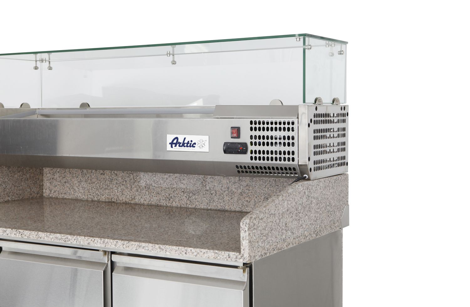 Třídveřový chladicí vozík na pizzu se skleněným nástavcem a žulovou pracovní deskou, Arktic, 254L, 230V/400W, 1400x700x(H)1491mm