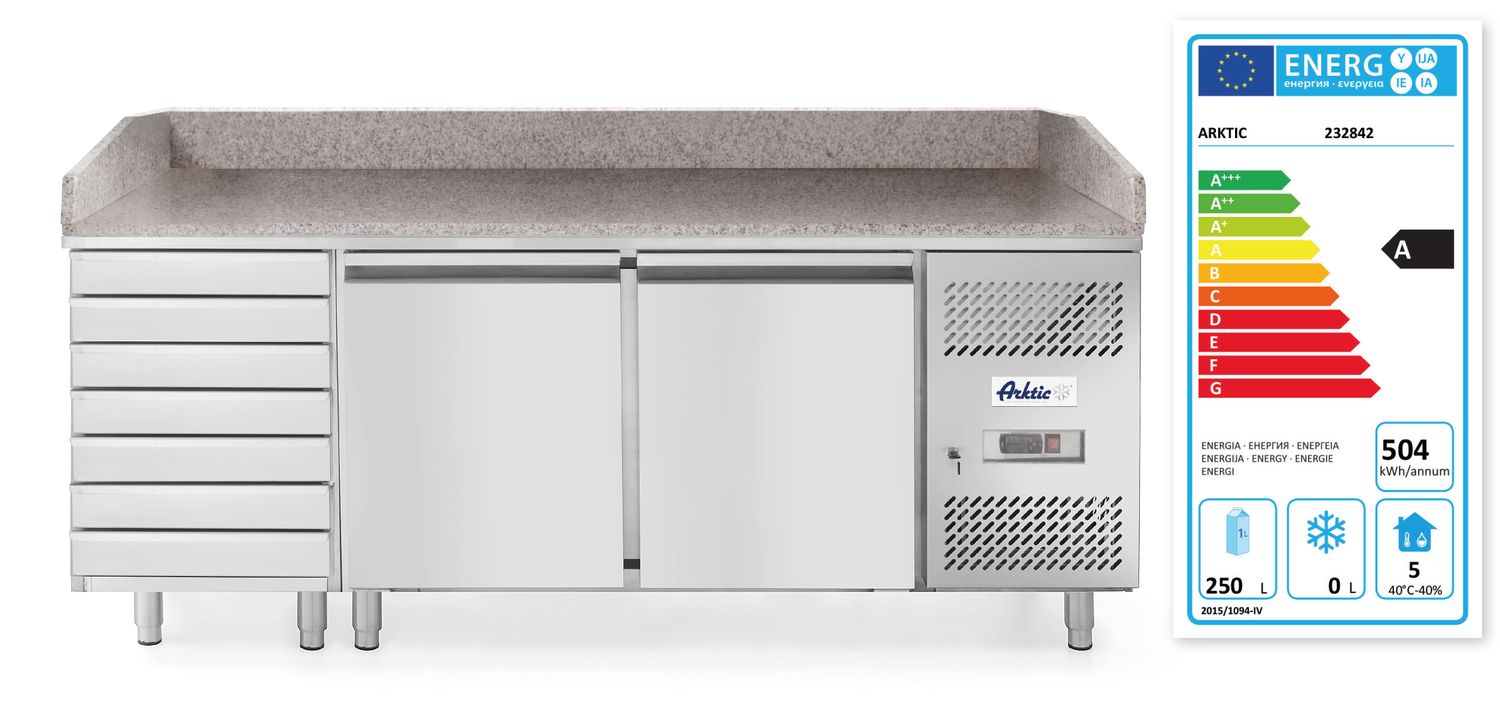 Dvoudveřový chlazený pizza stůl se 7 zásuvkami a žulovou pracovní deskou, Arktic, 250L, 230V/250W, 2020x802x(H)1000mm