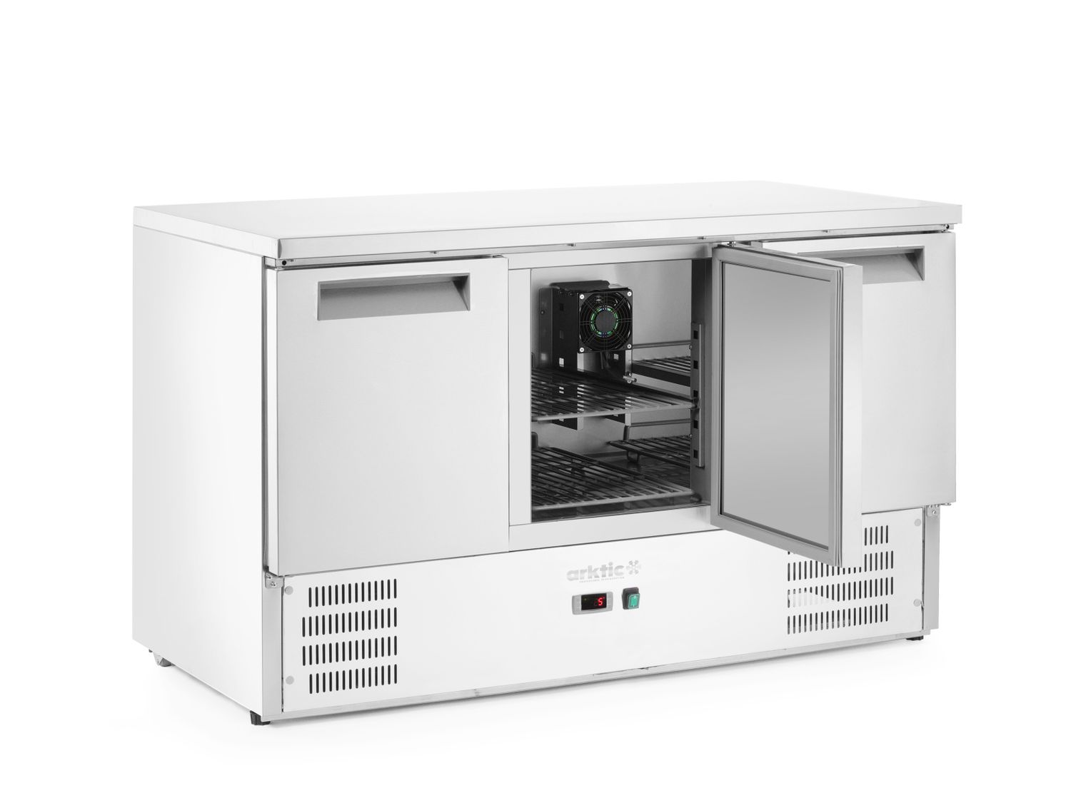 Třídveřový chladicí stůl s pracovní deskou a podstavcem, Arktic, 368L, 1365x700x(H)850mm