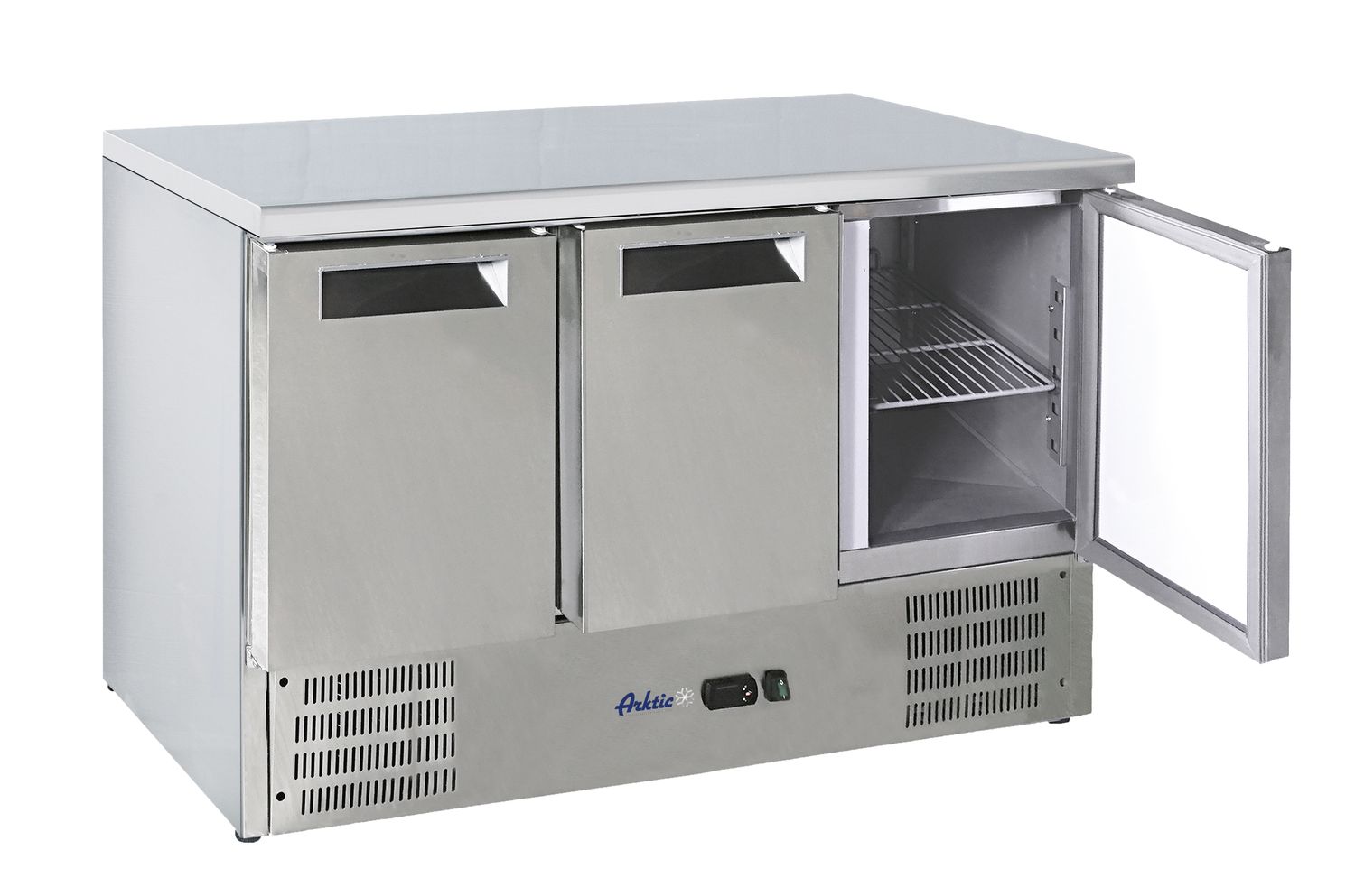 Třídveřový chladicí stůl s pracovní deskou a podstavcem, Arktic, 368L, 1365x700x(H)850mm