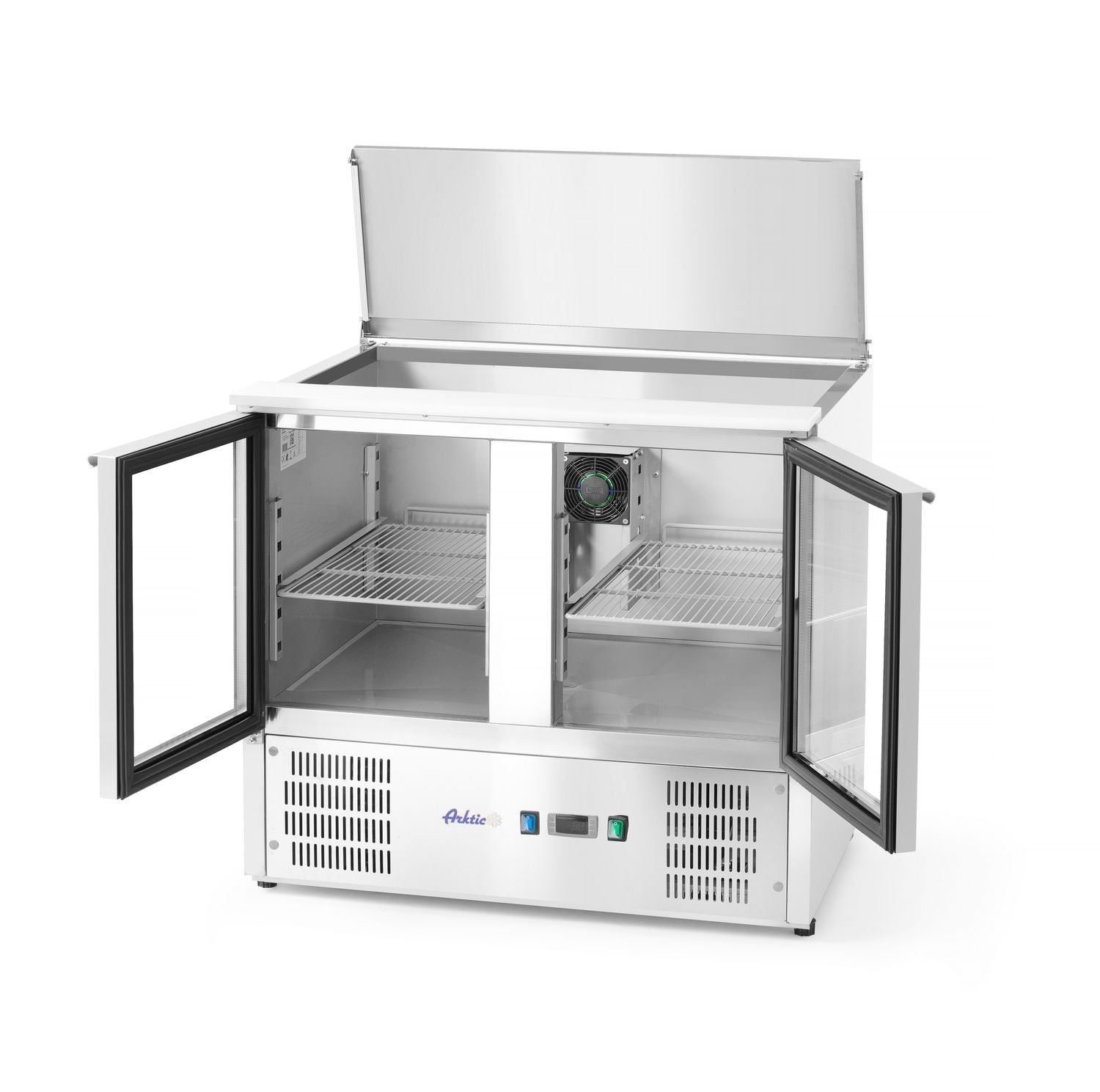 Dvoudveřový prosklený chladicí stůl s odklápěcím víkem, Arktic, 247L, 230V/145W, 900x700x(H)860mm