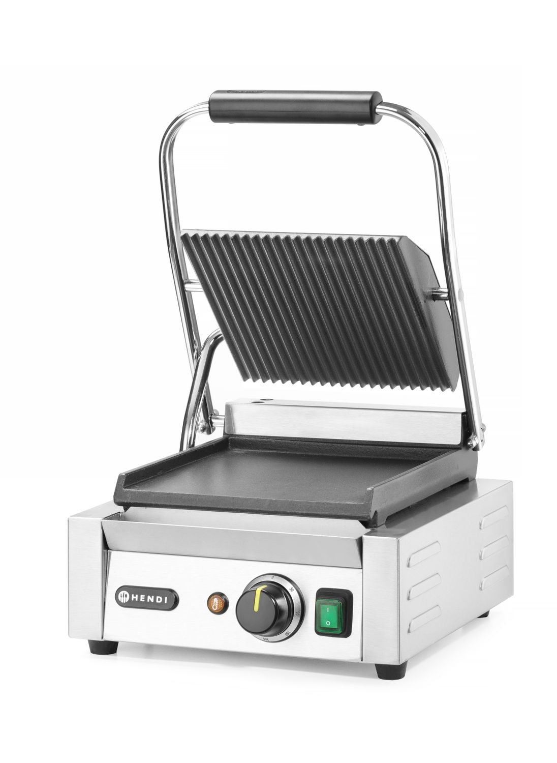 Kontaktní gril - single verze, HENDI, vroubkovaná horní, hladká spodní část, 230V/1800W, 310x400x(H)510mm