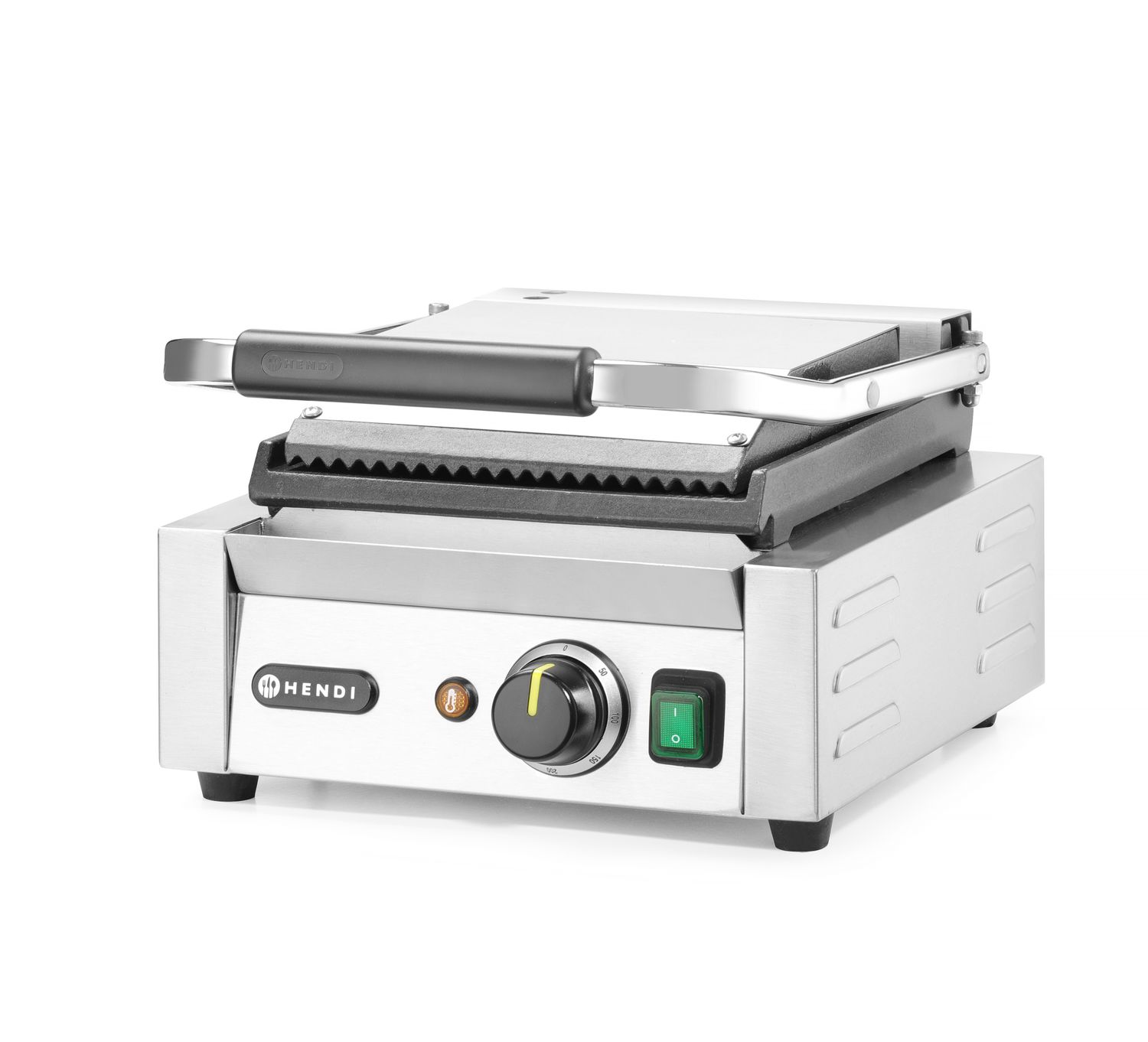 Kontaktní gril - single verze, HENDI, vroubkovaná horní, hladká spodní část, 230V/1800W, 310x400x(H)510mm