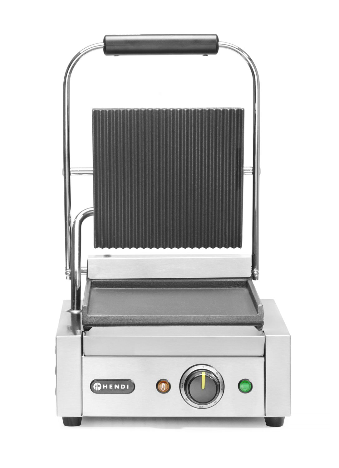 Kontaktní gril - single verze, HENDI, vroubkovaná horní, hladká spodní část, 230V/1800W, 310x400x(H)510mm