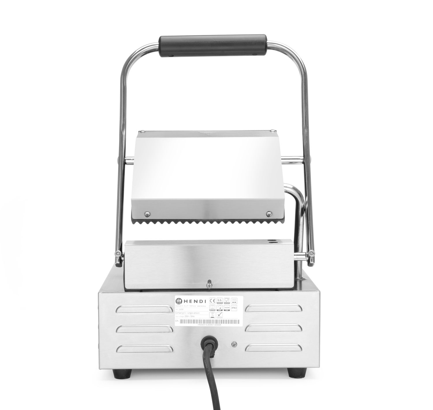 Kontaktní gril - single verze, HENDI, horní i spodní část vroubkovaná, 230V/1800W, 310x426x(H)510mm
