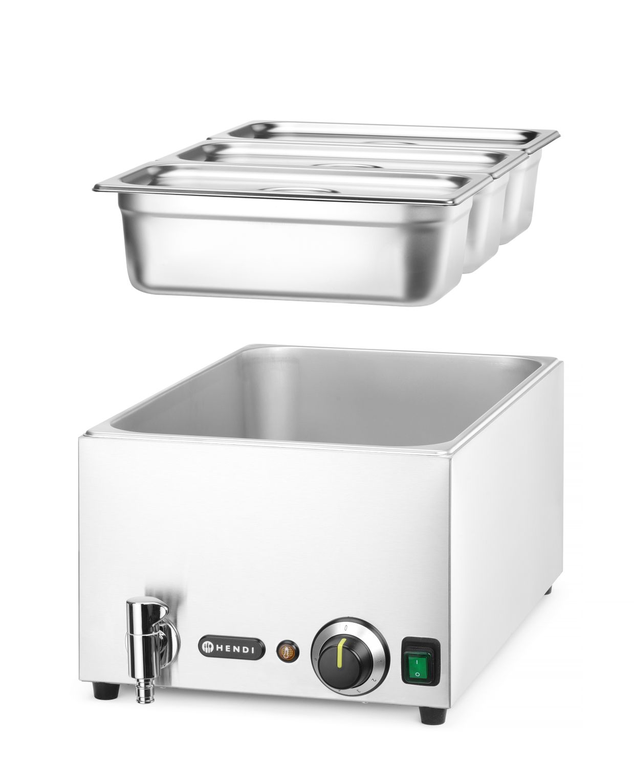 Sada Ranger: Bain-marie s vypouštěcím kohoutkem + 3x GN 1/3 s víkem, HENDI, GN 1/1, 230V/1000W, 604x332x(H)242mm