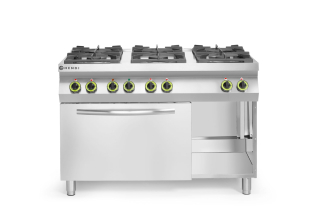 Plynový sporák Kitchen Line - 6 hořáků s konvektomatem GN 1/1, HENDI, Kitchen Line, 230V/3000W, 28,5kW, 1200x722x(H)900mm