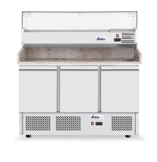 Třídveřový chladicí vozík na pizzu se skleněným nástavcem a žulovou pracovní deskou, Arktic, 254L, 230V/400W, 1400x700x(H)1491mm