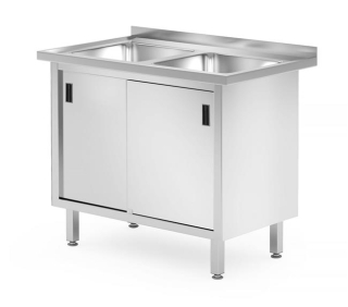 HENDI | Mycí stůl se dvěma dřezy, skříňka s posuvnými dvířky, svařovaný, Profi Line , velikost 1000x600x(H)850mm